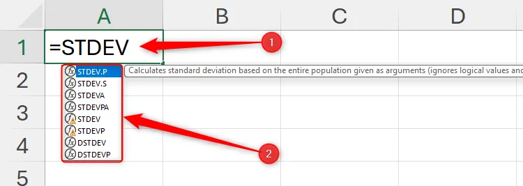 Gõ =STDEV để xem danh sách các hàm tính độ lệch chuẩn trong Excel.
