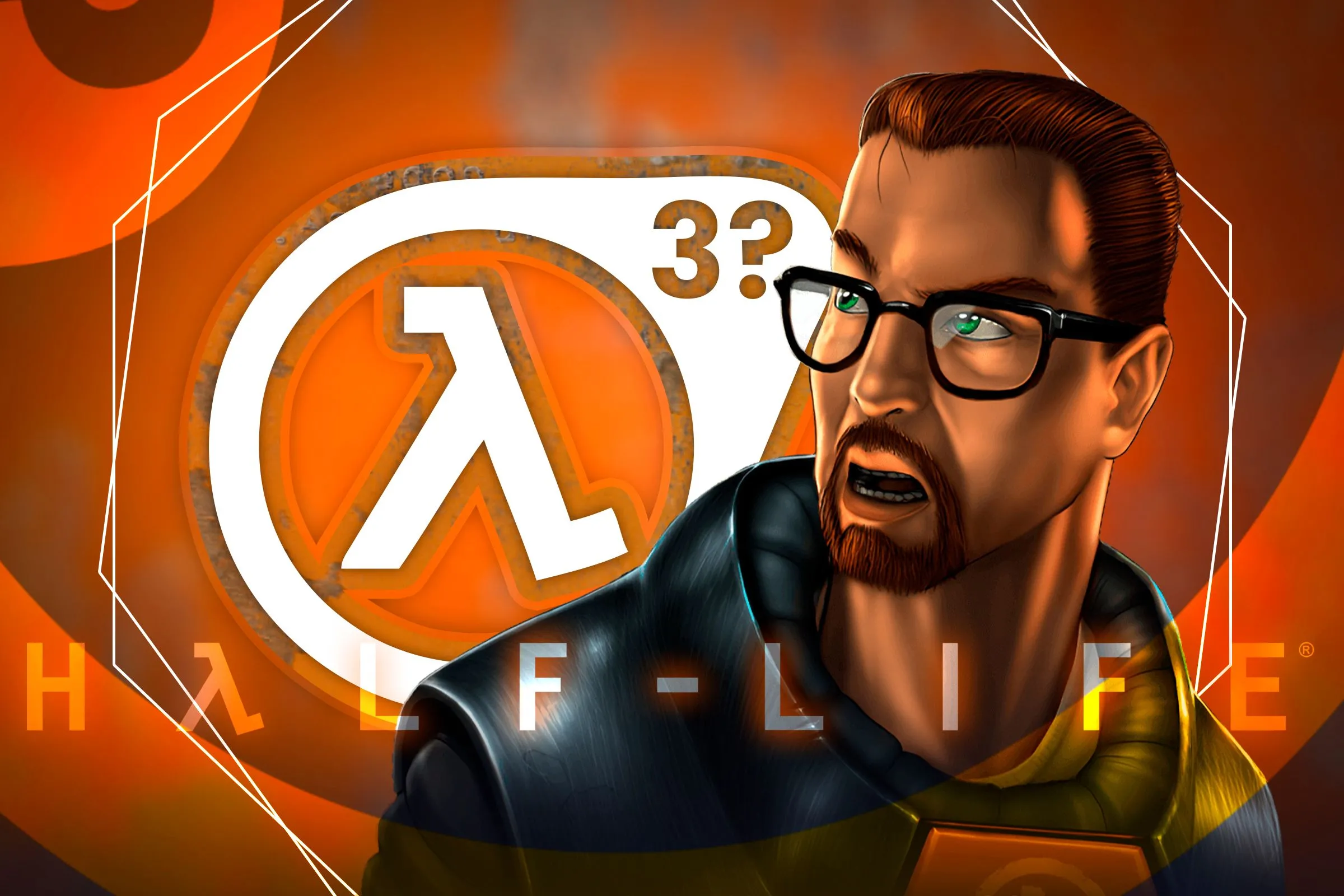 Gordon Freeman từ Half-Life, cùng với logo biểu tượng của Half-Life 3 giả định, minh họa sự chờ đợi mòn mỏi của game thủ.