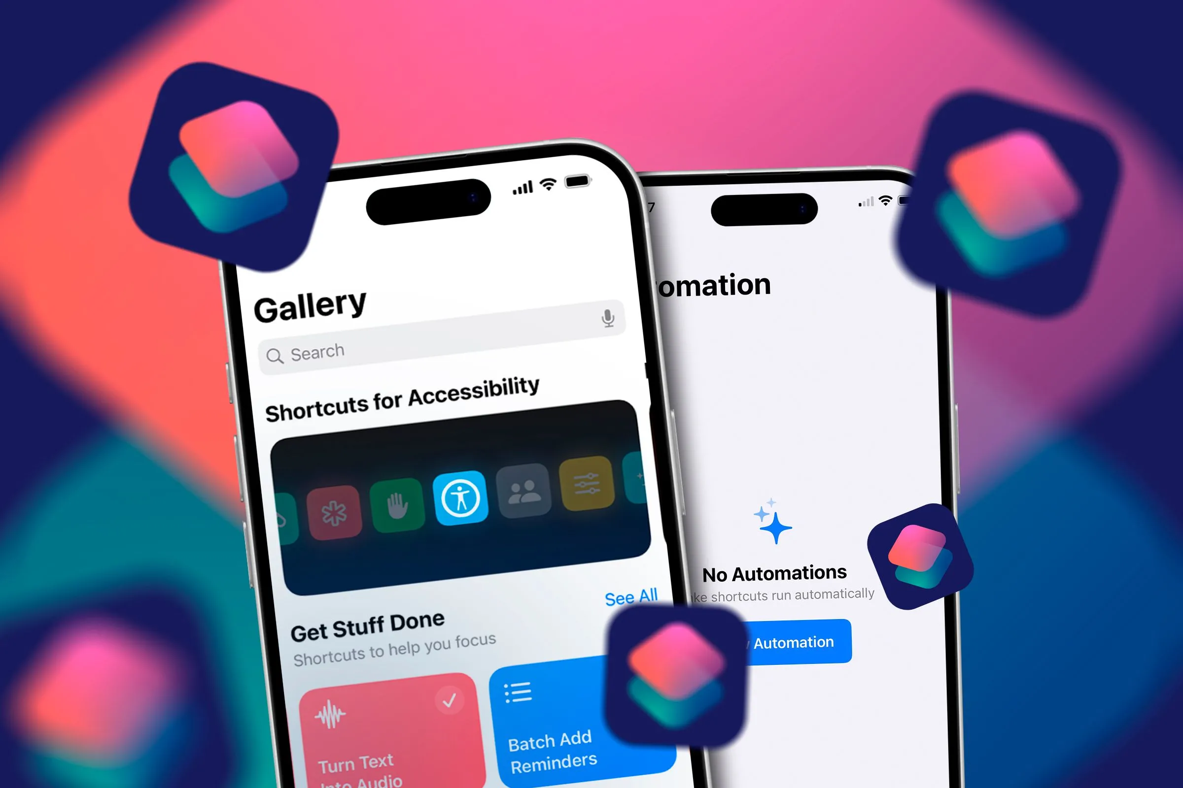 Hai chiếc iPhone hiển thị màn hình ứng dụng Phím tắt, minh họa cho khả năng tự động hóa