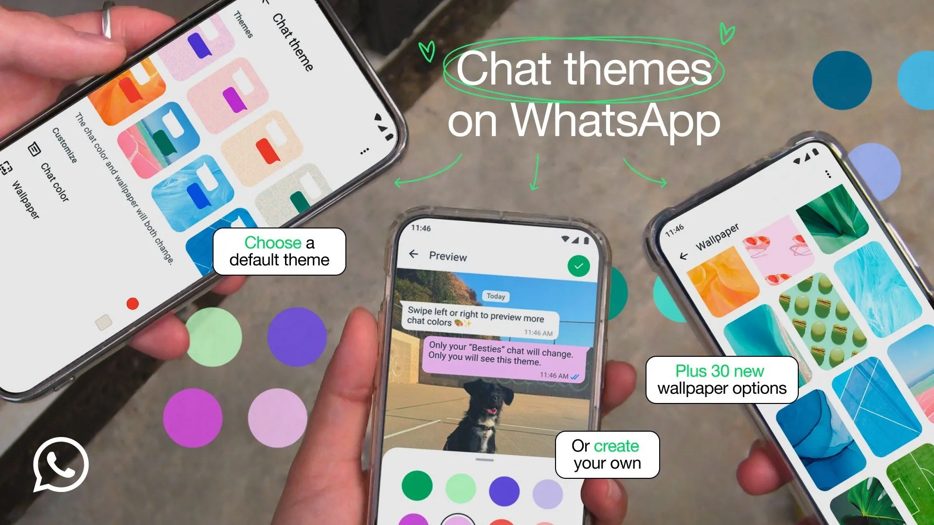 Hai điện thoại di động hiển thị giao diện WhatsApp với các chủ đề trò chuyện khác nhau