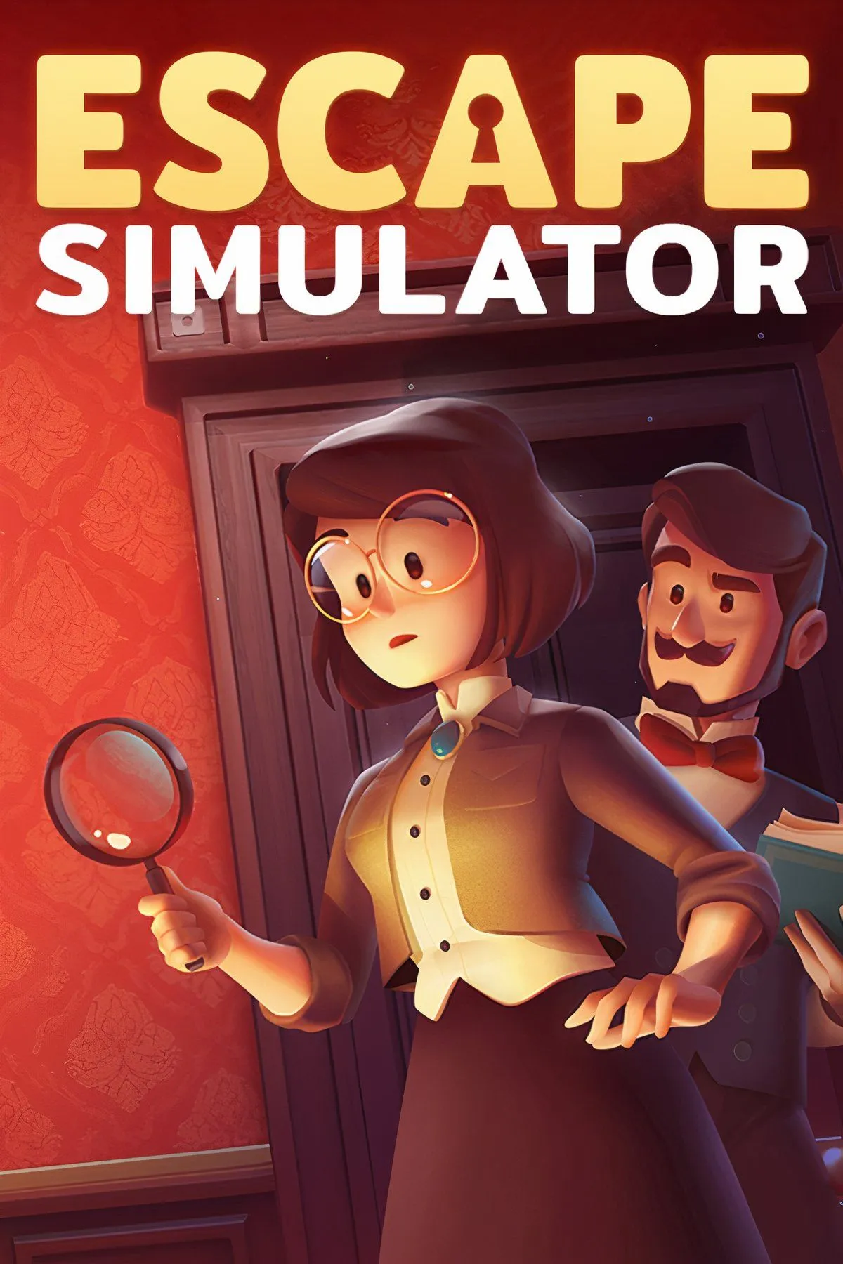 Hai người chơi trong game Escape Simulator đang tương tác với các đồ vật trong một căn phòng bí ẩn, minh họa lối chơi giải đố co-op.