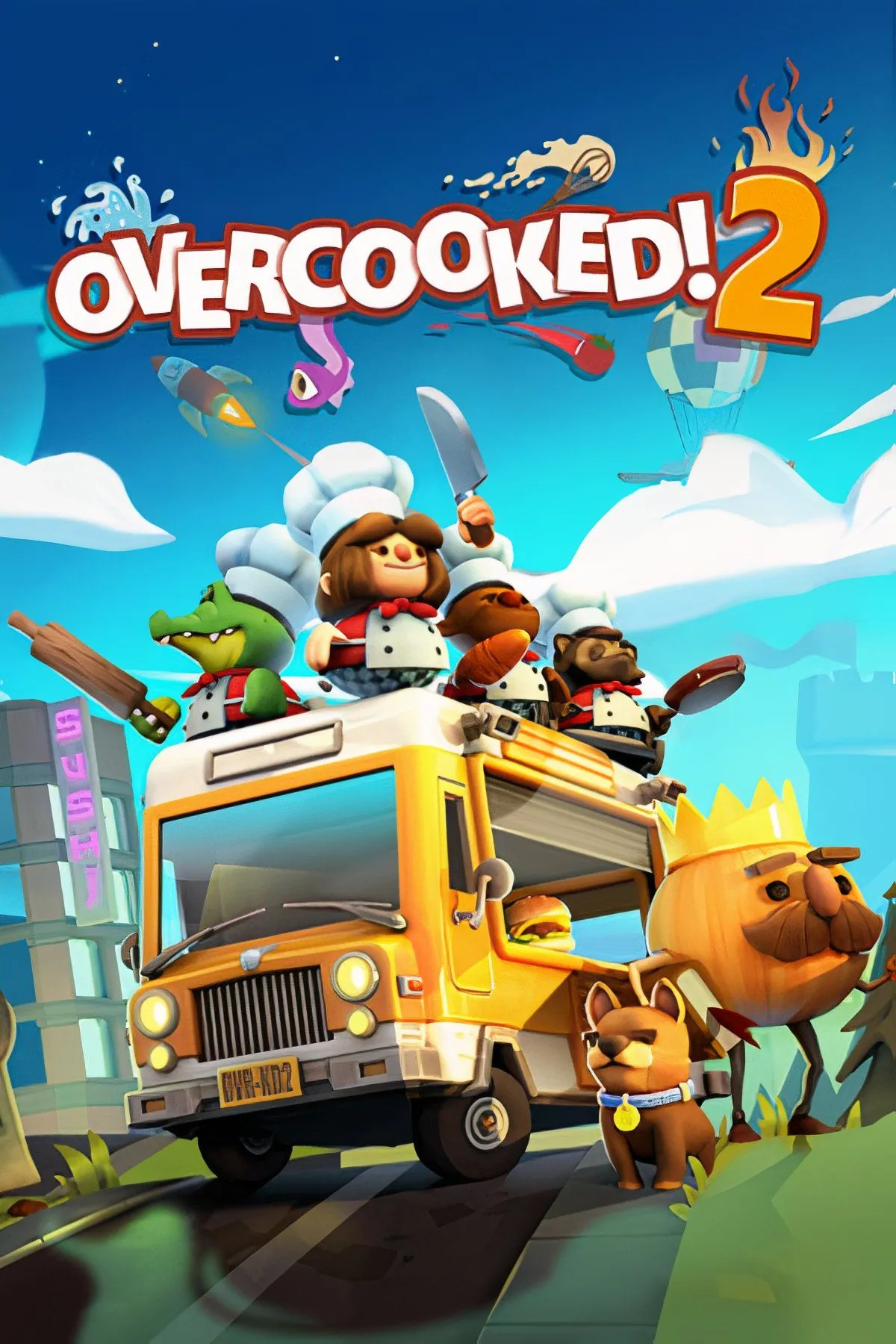 Hai nhân vật trong game Overcooked! 2 đang hối hả chuẩn bị thức ăn trong một căn bếp đầy thử thách, minh họa gameplay hỗn loạn nhưng vui nhộn.
