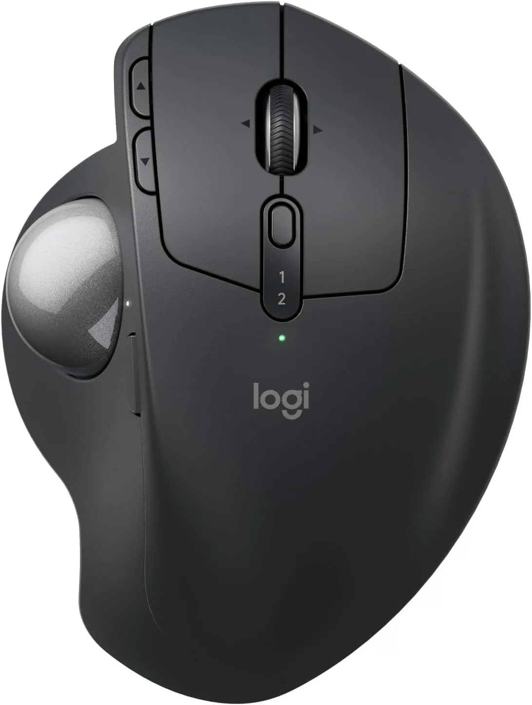 Hình ảnh chuột trackball Logitech MX Ergo S nhìn từ trên xuống, với bi lăn màu xanh dương nổi bật.