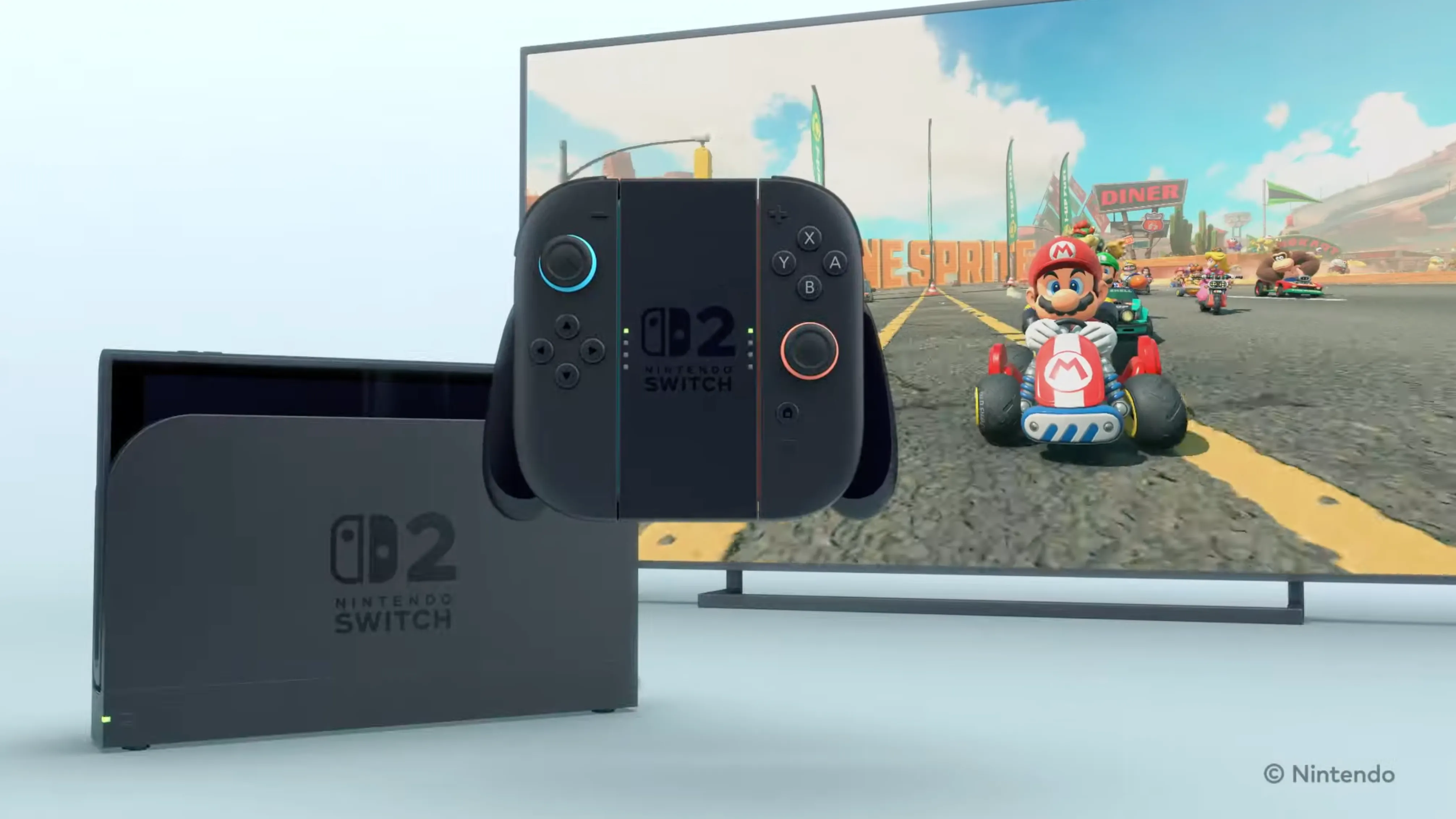 Hình ảnh concept Nintendo Switch 2 đặt trong dock đang hiển thị trò chơi Mario Kart, minh họa thiết kế và khả năng kết nối