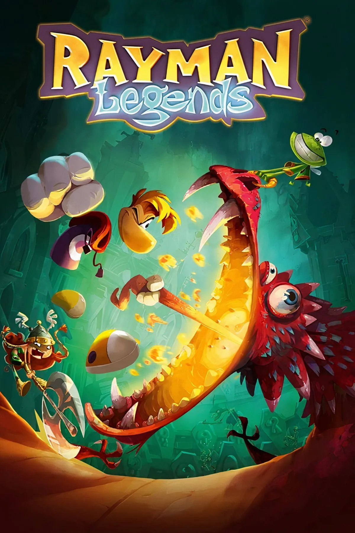 Hình ảnh gameplay Rayman Legends Definitive Edition với Rayman và Globox đang nhảy qua các chướng ngại vật trong môi trường nhiều màu sắc.