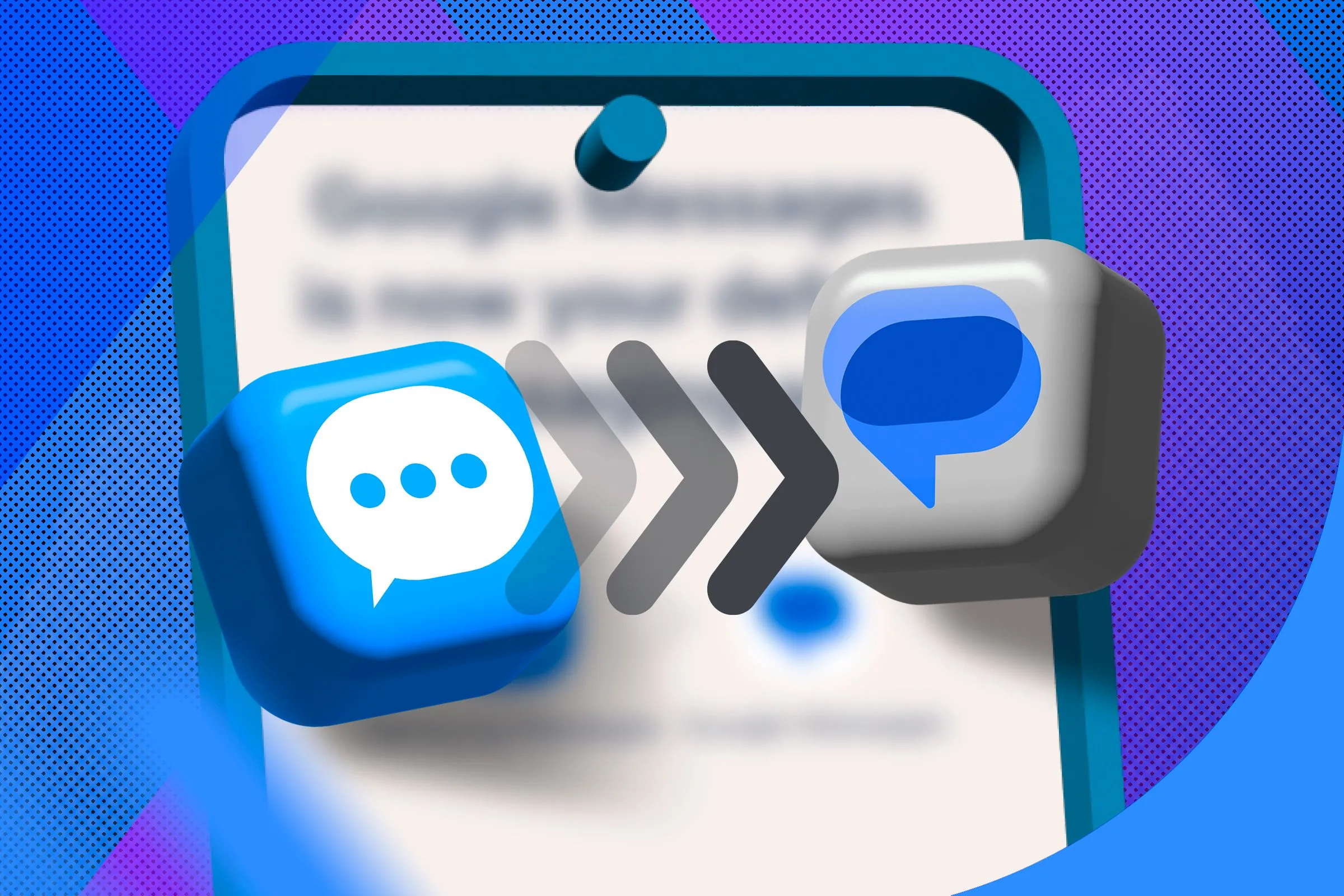Hình ảnh minh họa điện thoại với biểu tượng Samsung Messages và Google Messages cùng mũi tên chỉ sự chuyển đổi, thể hiện quá trình chuyển từ ứng dụng tin nhắn Samsung sang Google Messages.