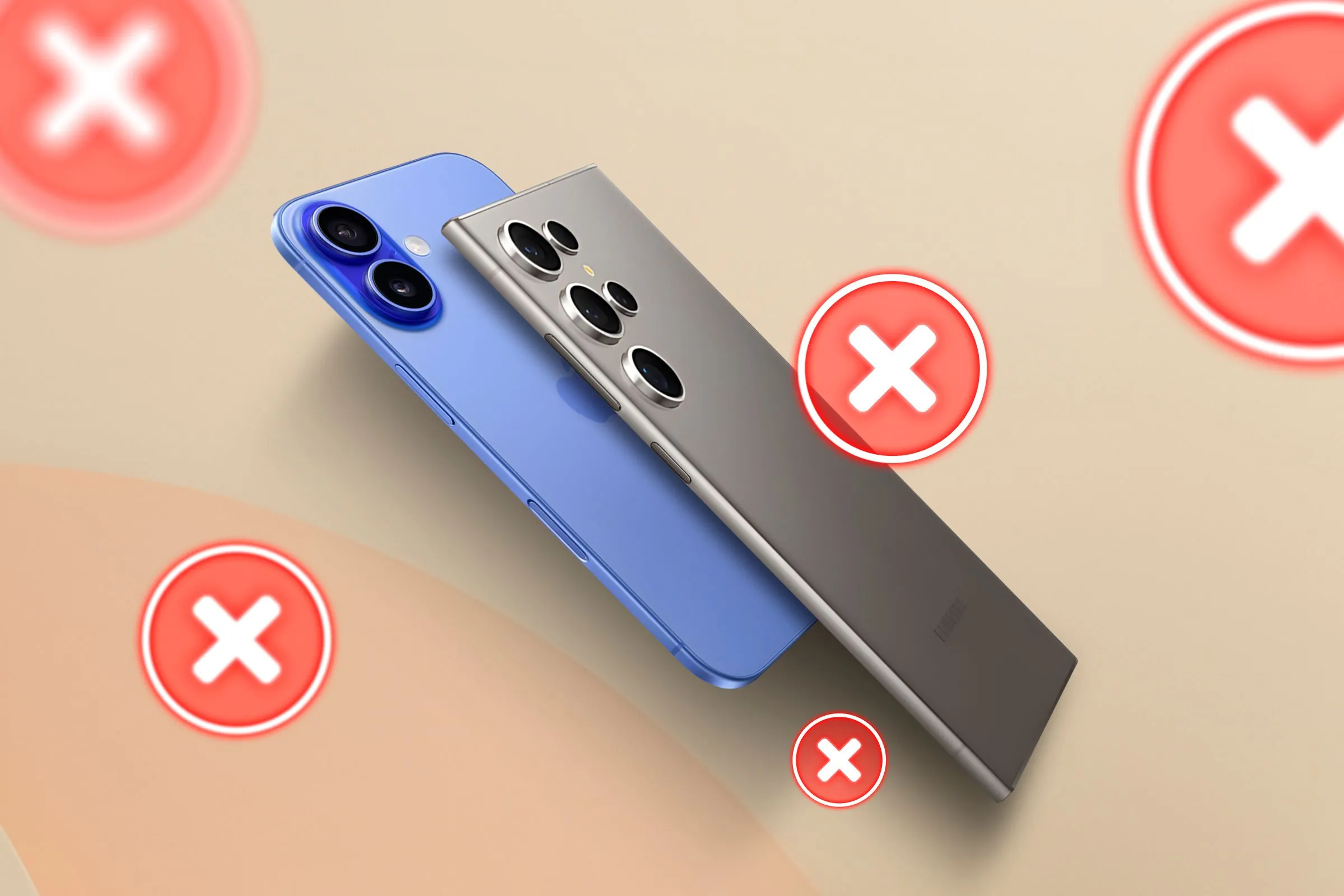 Hình ảnh minh họa một chiếc iPhone và Samsung Galaxy với nhiều dấu X, thể hiện sự không mong muốn với thiết kế siêu mỏng