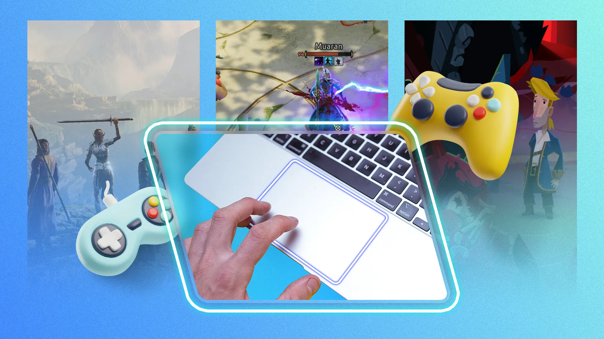 Hình ảnh minh họa người dùng MacBook sử dụng touchpad để chơi game, bên cạnh là một tay cầm chơi game và hình ảnh game phía sau.
