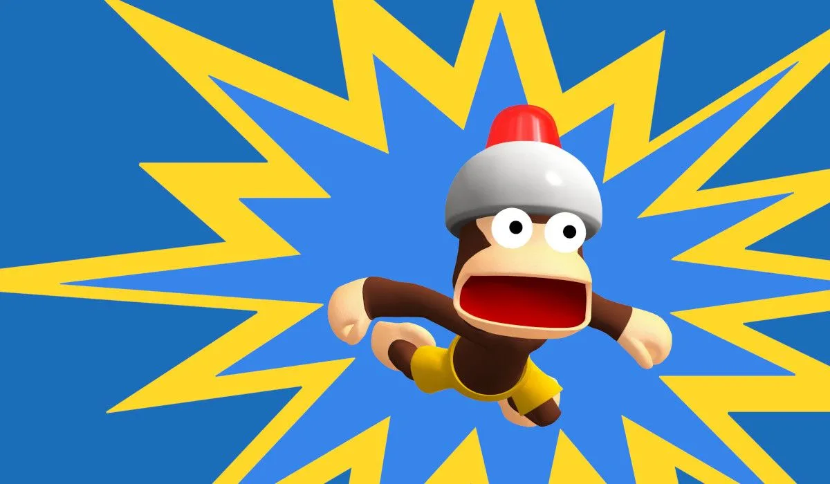 Hình ảnh một chú khỉ tinh nghịch từ game Ape Escape, cầm súng và đội mũ bảo hiểm.
