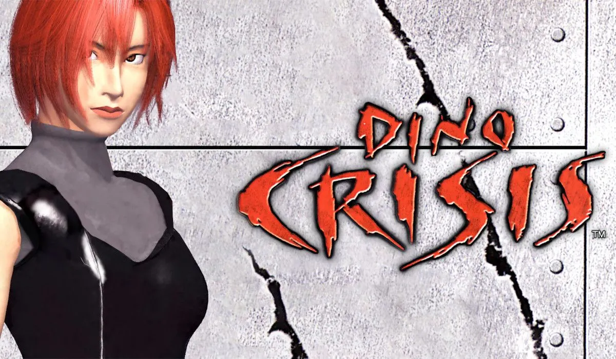 Hình ảnh nhân vật Regina trong game Dino Crisis đứng trước một con khủng long Velociraptor hung dữ.