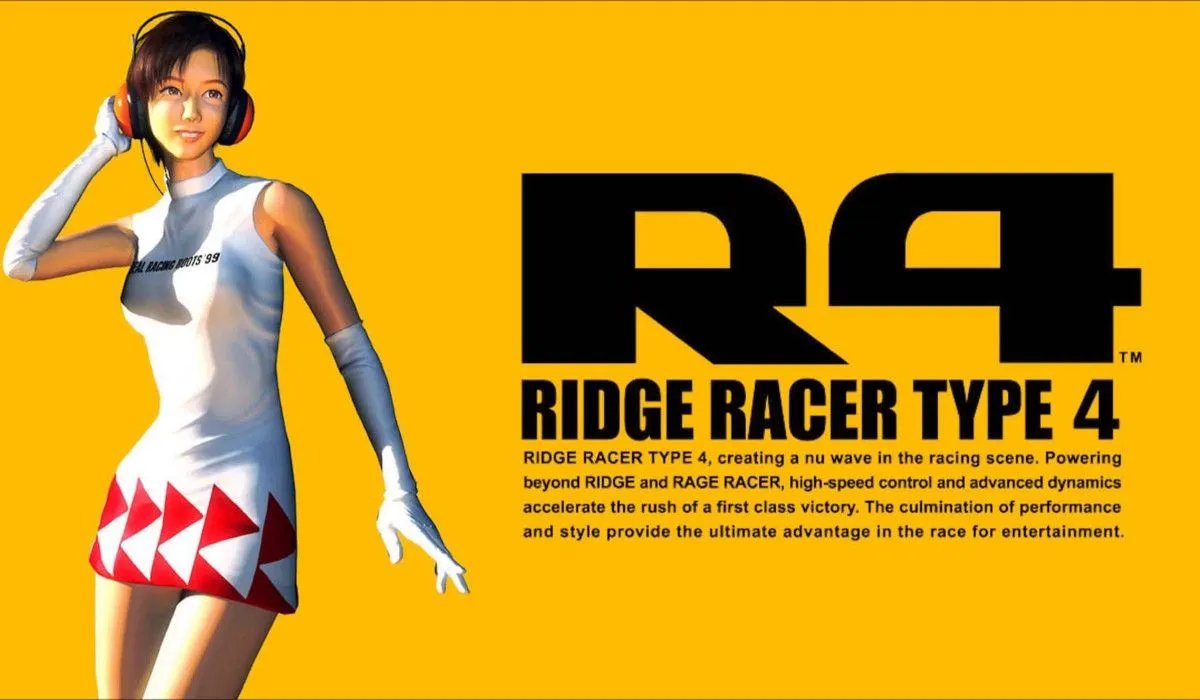 Hình ảnh quảng cáo của R4: Ridge Racer Type 4, thể hiện một chiếc xe đua tốc độ cao đang drift qua góc cua trên đường đua neon.