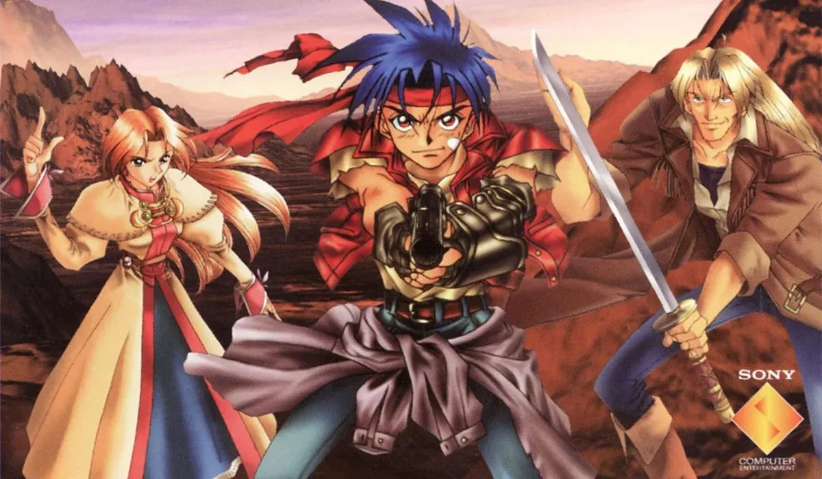 Hình ảnh quảng cáo Wild Arms, thể hiện ba nhân vật chính của game đứng trên một vùng đất rộng lớn, mang đậm phong cách miền Tây hoang dã.