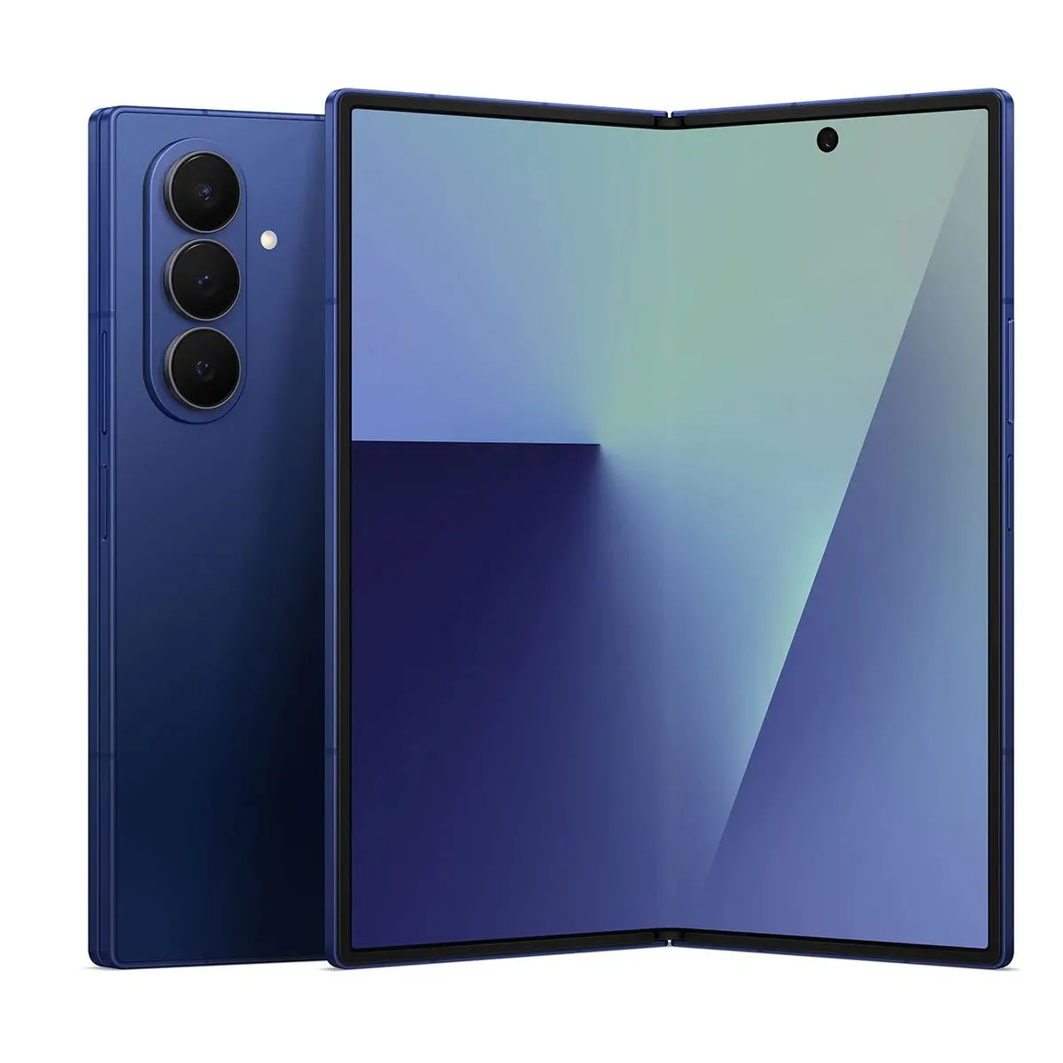 Hình ảnh render của Samsung Galaxy Z Fold 7 màu xanh đặt trên nền trắng.