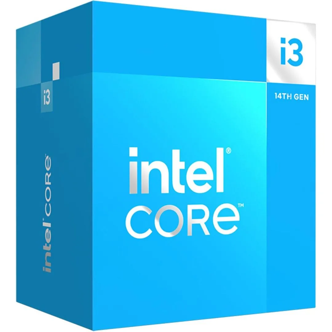 Hộp CPU Intel Core i3-14100, hiển thị logo Intel và tên sản phẩm, cho biết đây là một lựa chọn đáng giá cho các hệ thống NAS cần khả năng xử lý tốt và đồ họa tích hợp.