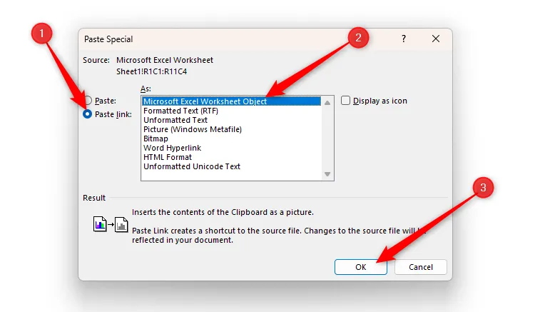 Hộp thoại Paste Special (Dán Đặc biệt) của Word, chọn Paste Link (Dán Liên kết) và kiểu đối tượng Microsoft Excel Worksheet Object.