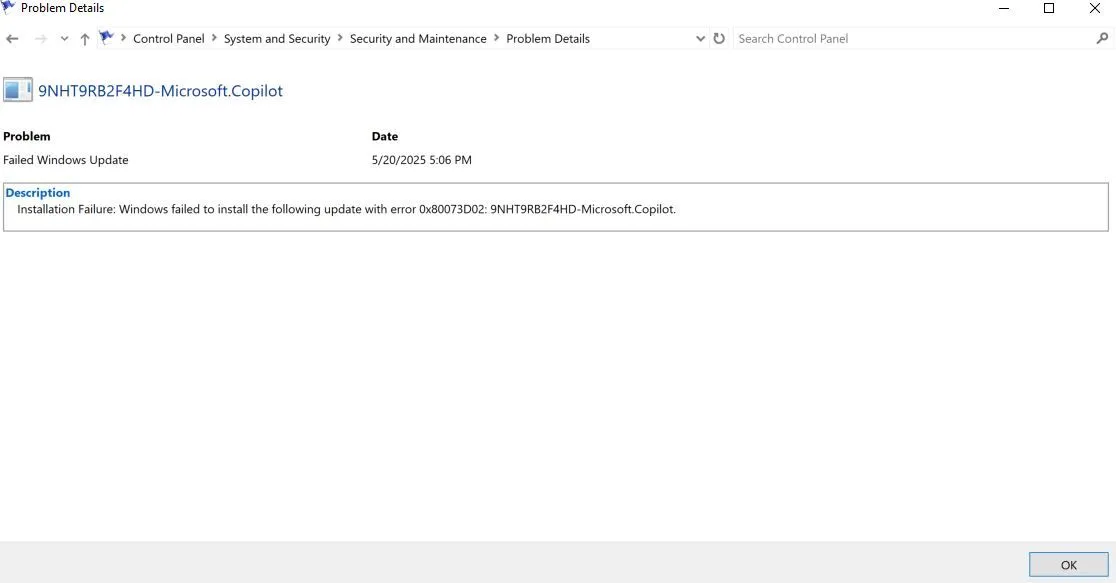Hộp thoại Windows hiển thị chi tiết kỹ thuật của một sự kiện cảnh báo từ lỗi phần mềm.