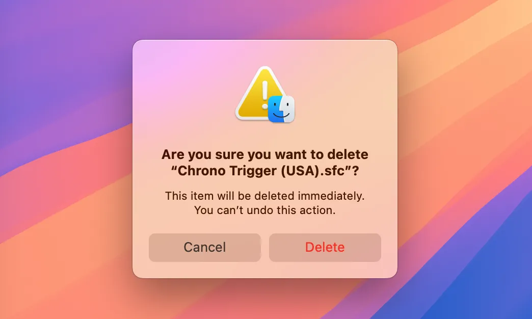 Hộp thoại xác nhận xóa file vĩnh viễn trên macOS, cho phép bỏ qua Thùng rác.