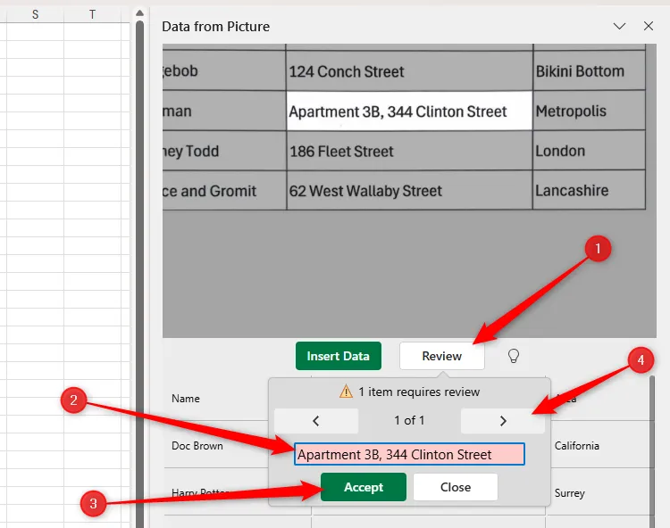 Hộp thoại xem xét và chỉnh sửa dữ liệu trong thanh bên 'Data From Picture' của Excel, cho phép người dùng sửa các lỗi nhập liệu.