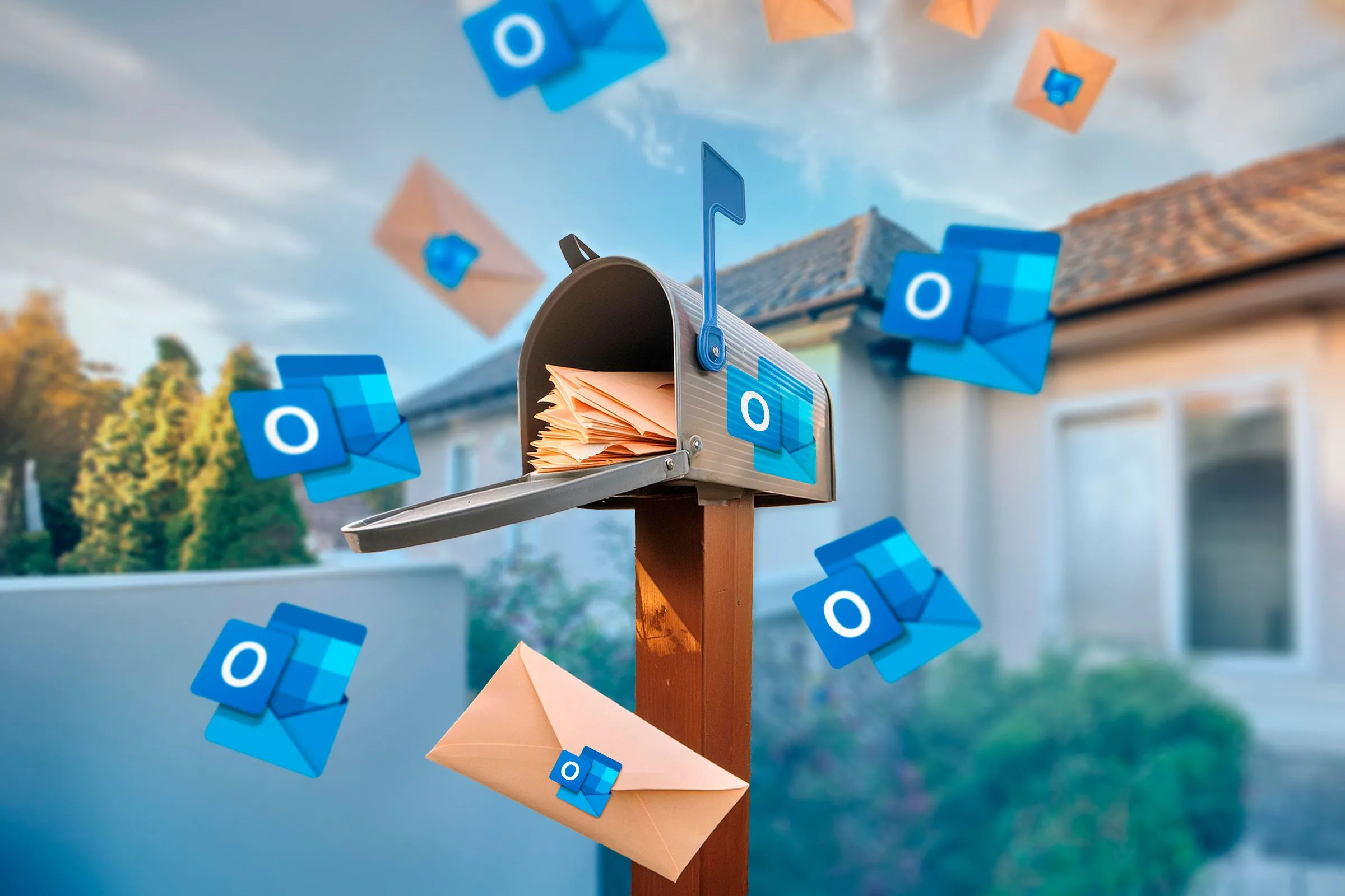 Hộp thư điện tử với logo Outlook, minh họa sự gián đoạn trong việc gửi và nhận email do sự cố máy chủ Microsoft.