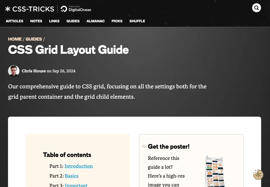 Hướng dẫn CSS Grid Layout Guide của CSS-Tricks mô tả là một hướng dẫn toàn diện về CSS grid, tập trung vào tất cả các cài đặt cho cả container cha và các phần tử con của grid.