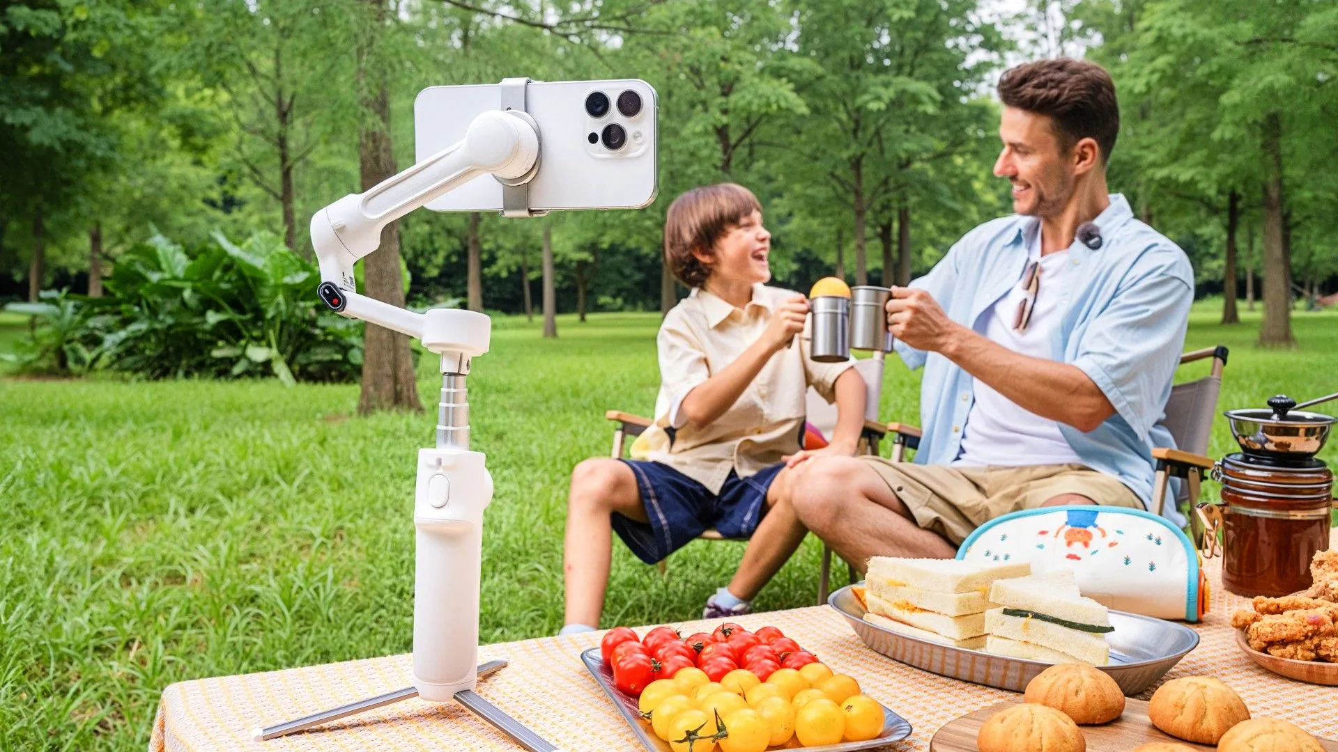 Insta360 Flow 2 đang giữ điện thoại, hướng về cảnh cắm trại