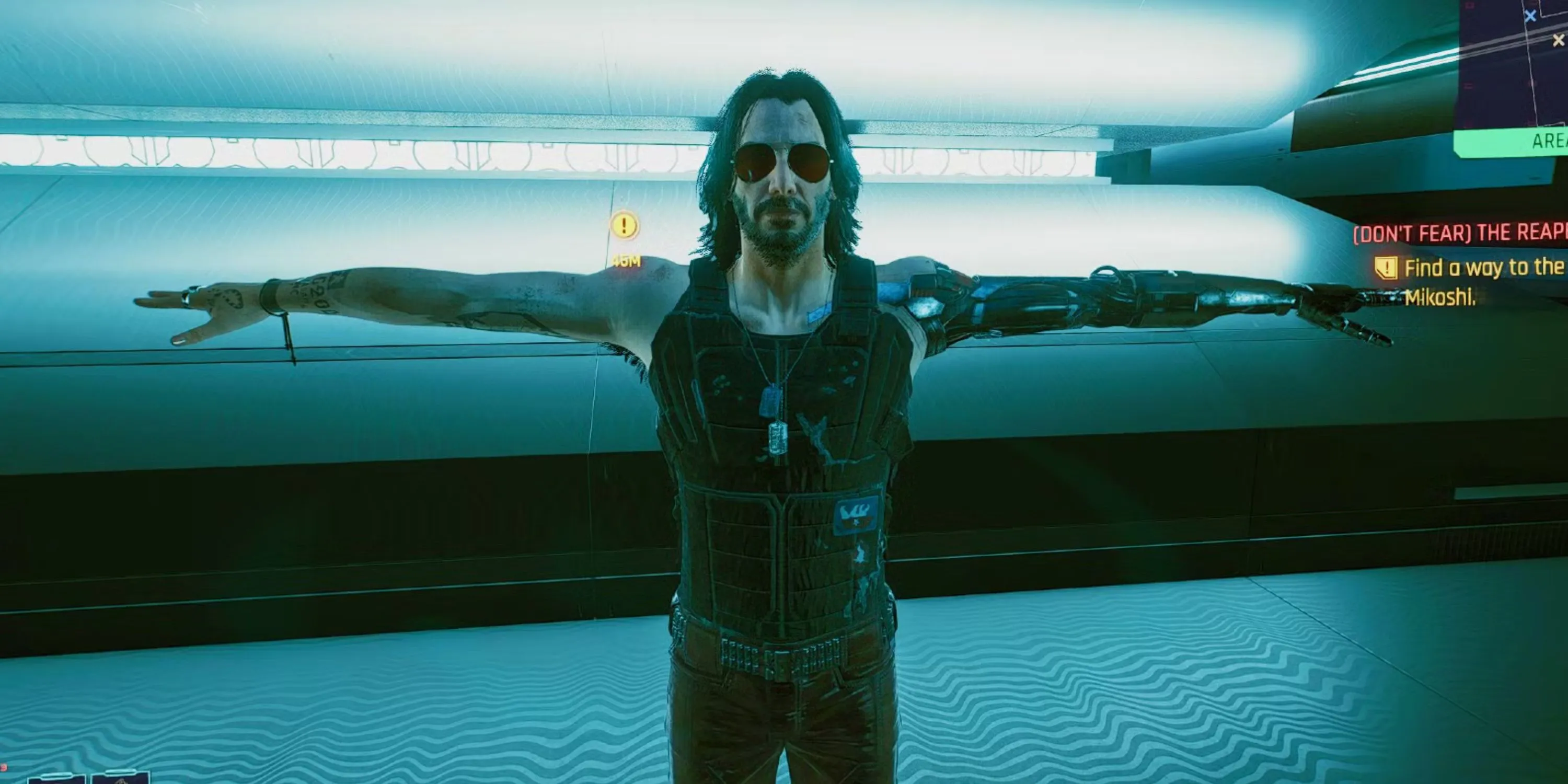 Johnny Silverhand, một nhân vật biểu tượng trong Cyberpunk 2077, đứng giữa khung cảnh thành phố.