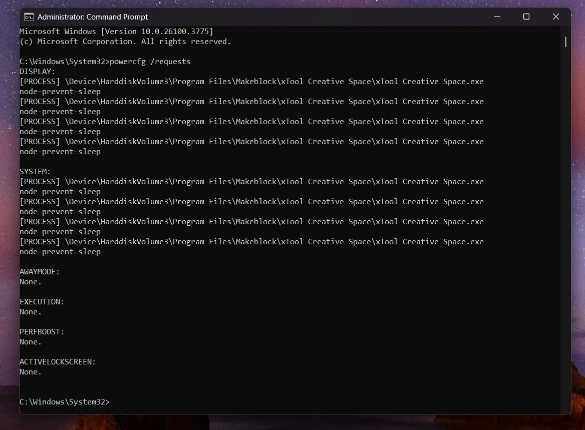 Kết quả lệnh powercfg /requests trong Command Prompt hiển thị ứng dụng giữ màn hình bật