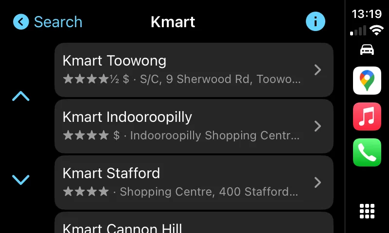 Kết quả tìm kiếm &quot;Kmart&quot; trong Google Maps trên CarPlay