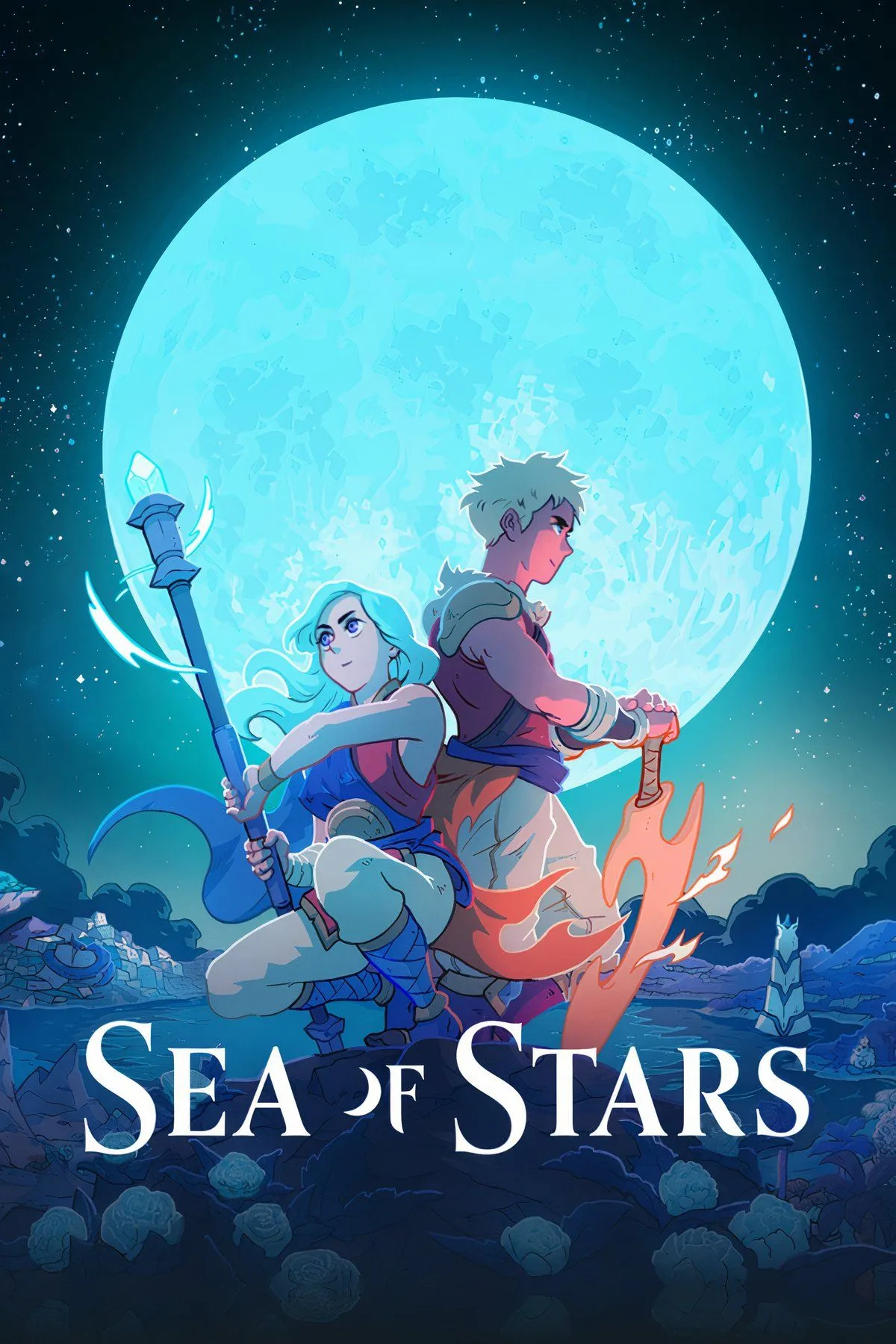 Khung cảnh tuyệt đẹp trong game nhập vai pixel art Sea of Stars, hiển thị các nhân vật chính khám phá thế giới.