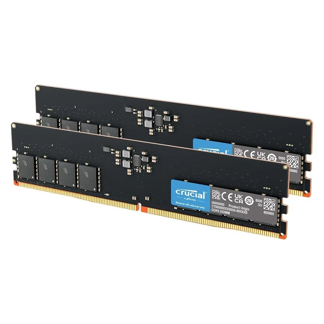 Kit RAM Crucial DDR5 16GB (2x8GB) với thiết kế đơn giản, thể hiện sự đáng tin cậy và hiệu quả chi phí cho việc nâng cấp bộ nhớ trong các hệ thống NAS và PC.