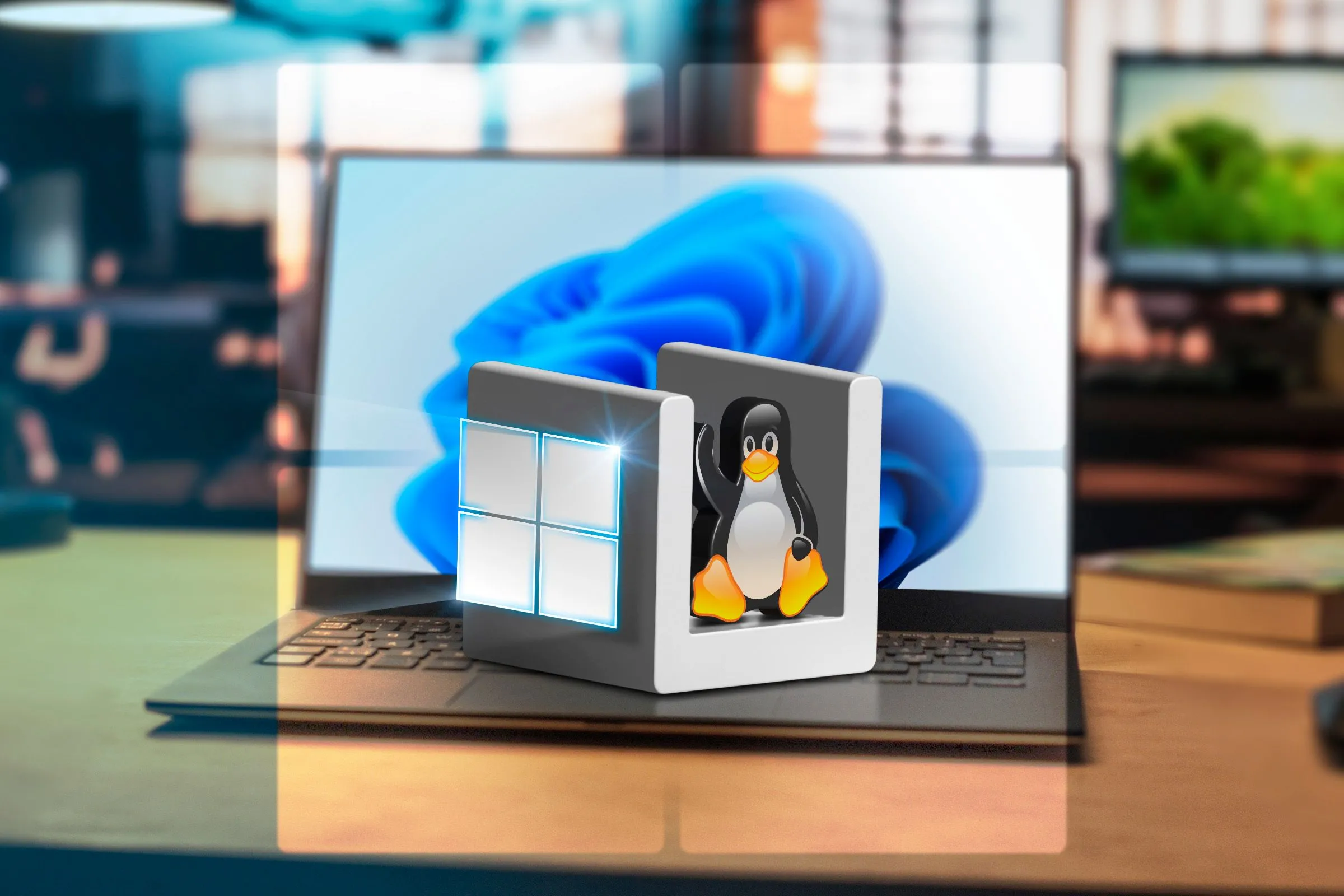 Laptop chạy Windows 11 với biểu tượng Windows và Linux, minh họa khả năng kết hợp của WSL