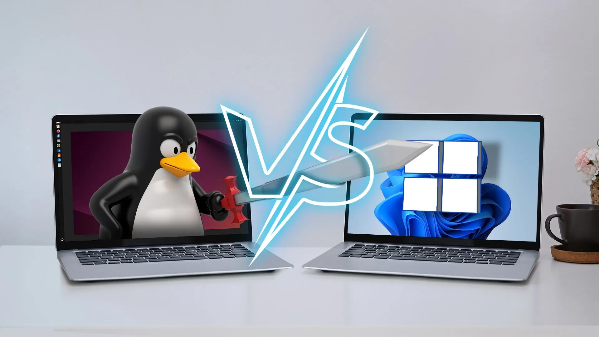 Laptop Linux với linh vật Linux cầm kiếm, laptop Windows bên cạnh và chữ VS ở giữa
