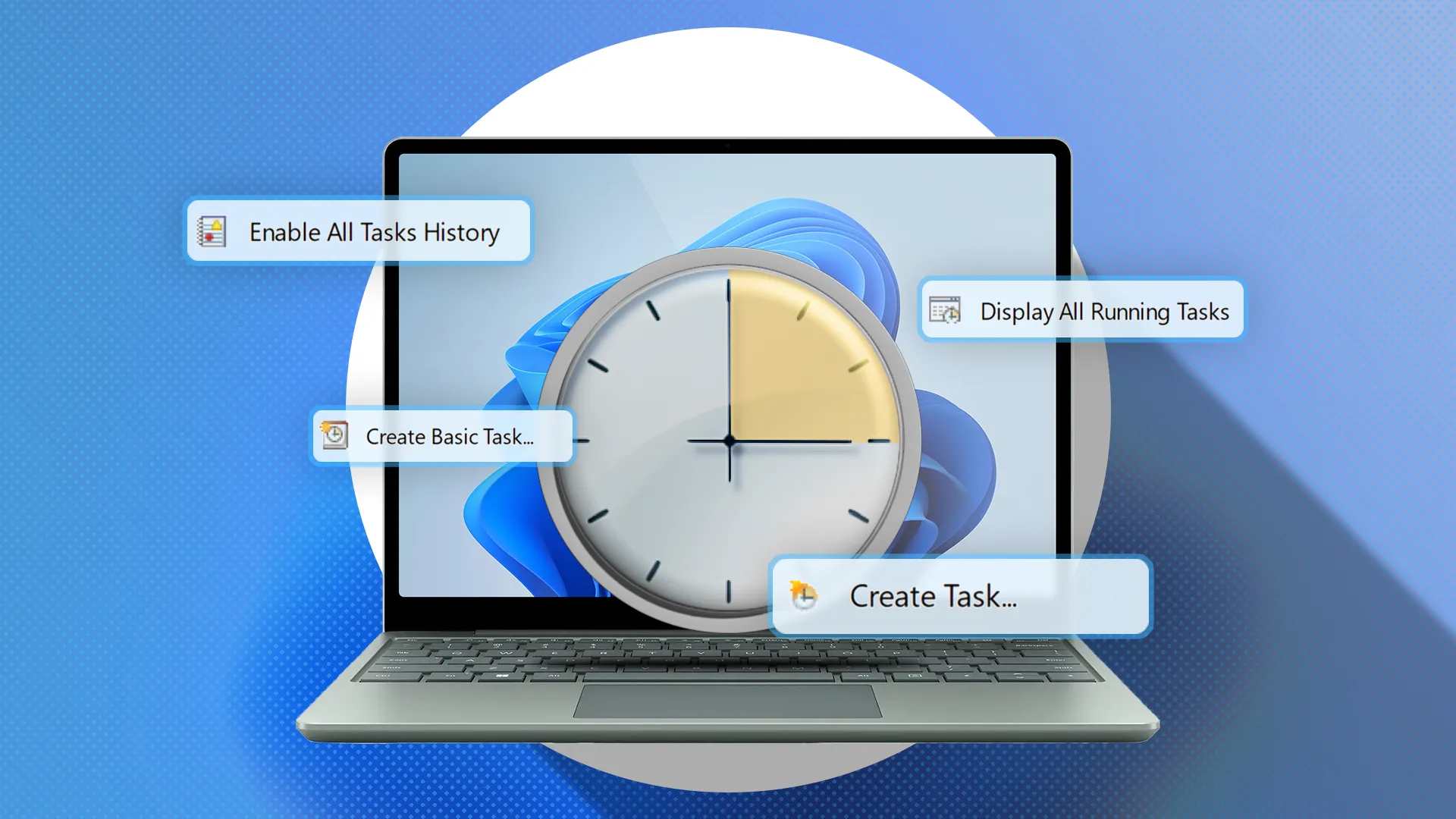 Laptop Windows 11 với biểu tượng Task Scheduler ở trung tâm, minh họa khả năng tự động hóa tác vụ sao lưu.