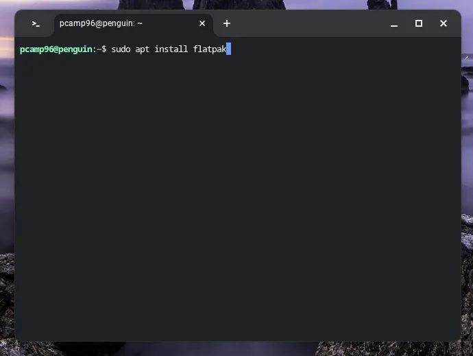 Lệnh sudo apt install flatpak trên Terminal của Chromebook, minh họa cách cài đặt gói Flatpak thông qua APT.