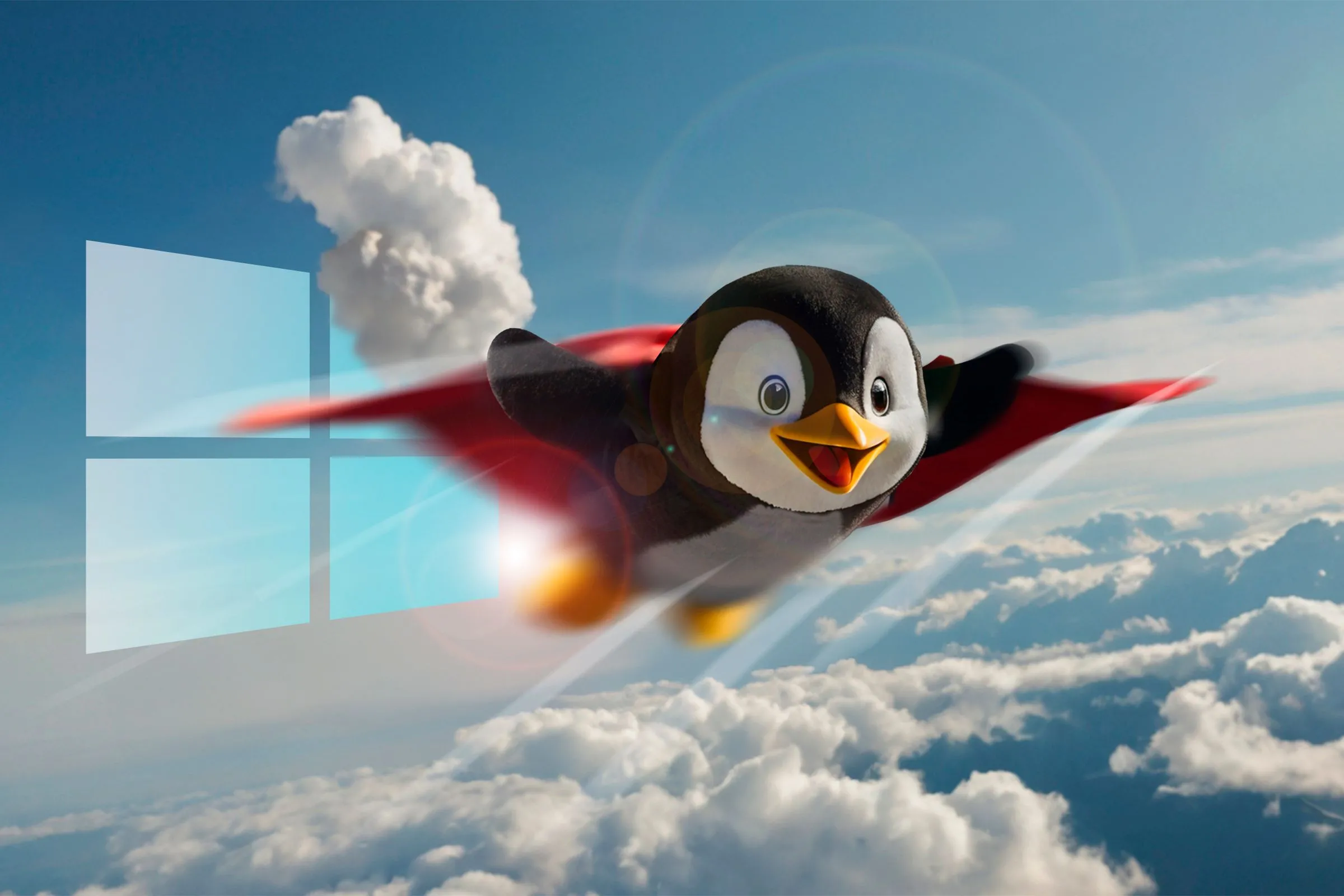 Linh vật Linux bay lượn vui vẻ trên những đám mây với logo Windows phía sau