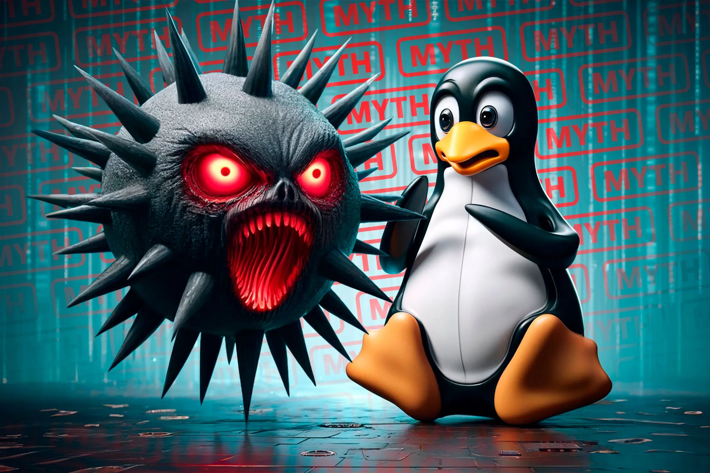 Linh vật Tux của Linux biểu cảm sợ hãi trước hình ảnh virus, tượng trưng cho những lo ngại về bảo mật khi chuyển đổi hệ điều hành