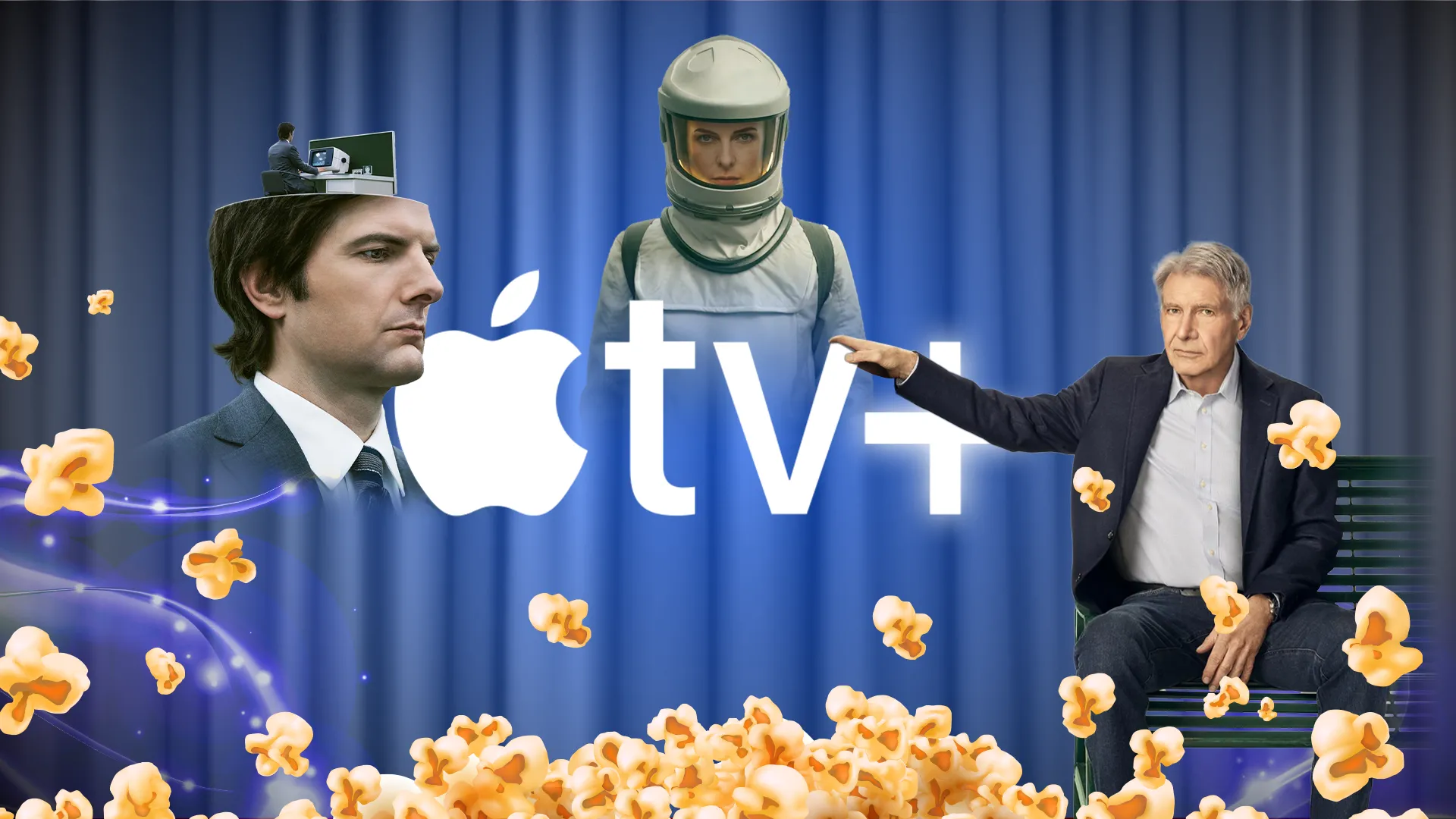 Logo Apple TV+ bao quanh bởi bỏng ngô và các nhân vật từ các chương trình nổi tiếng của Apple TV+