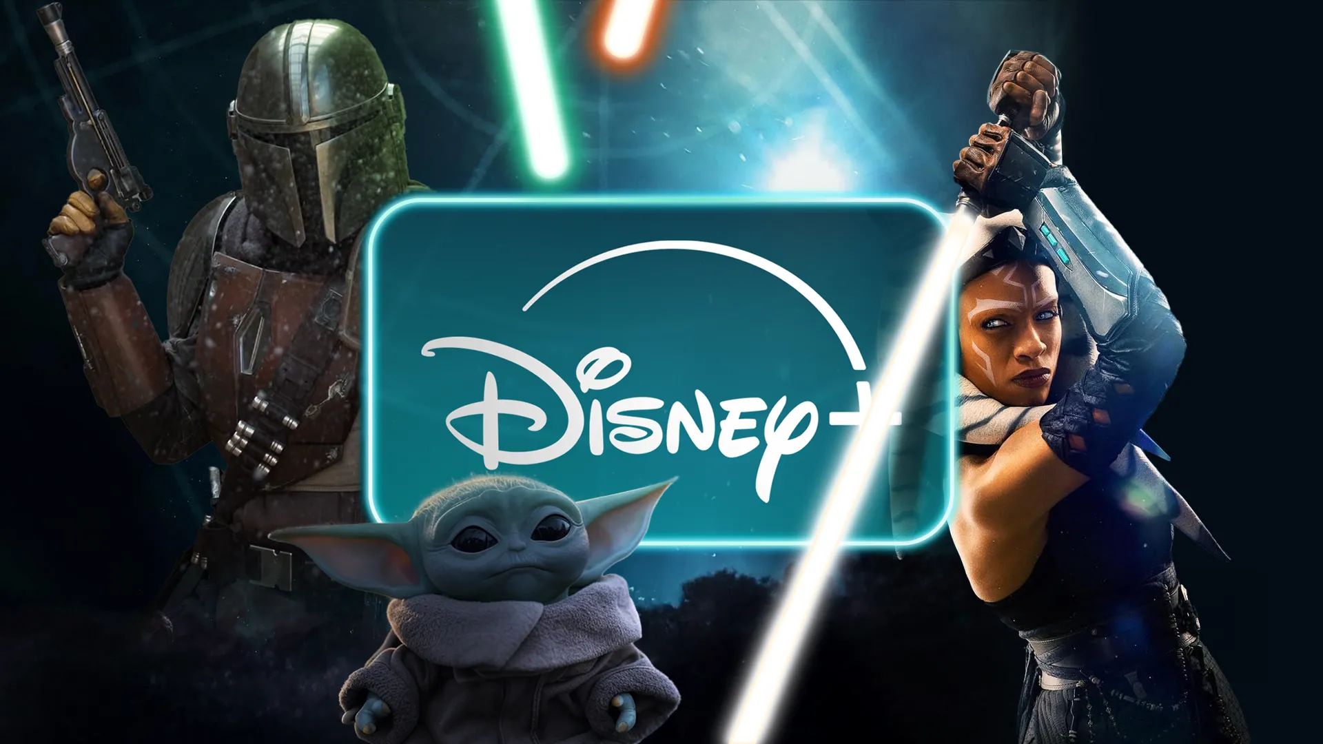 Logo Disney Plus cùng các nhân vật Star Wars nổi tiếng như The Mandalorian và Baby Yoda