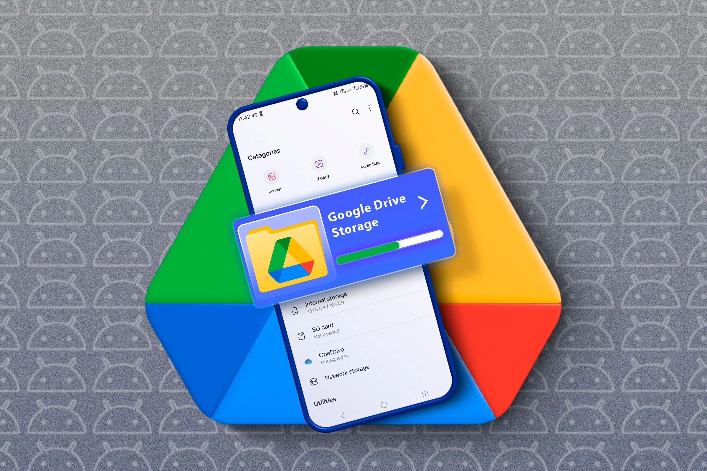 Logo Google Drive và điện thoại hiển thị dung lượng lưu trữ Google Drive đã đầy