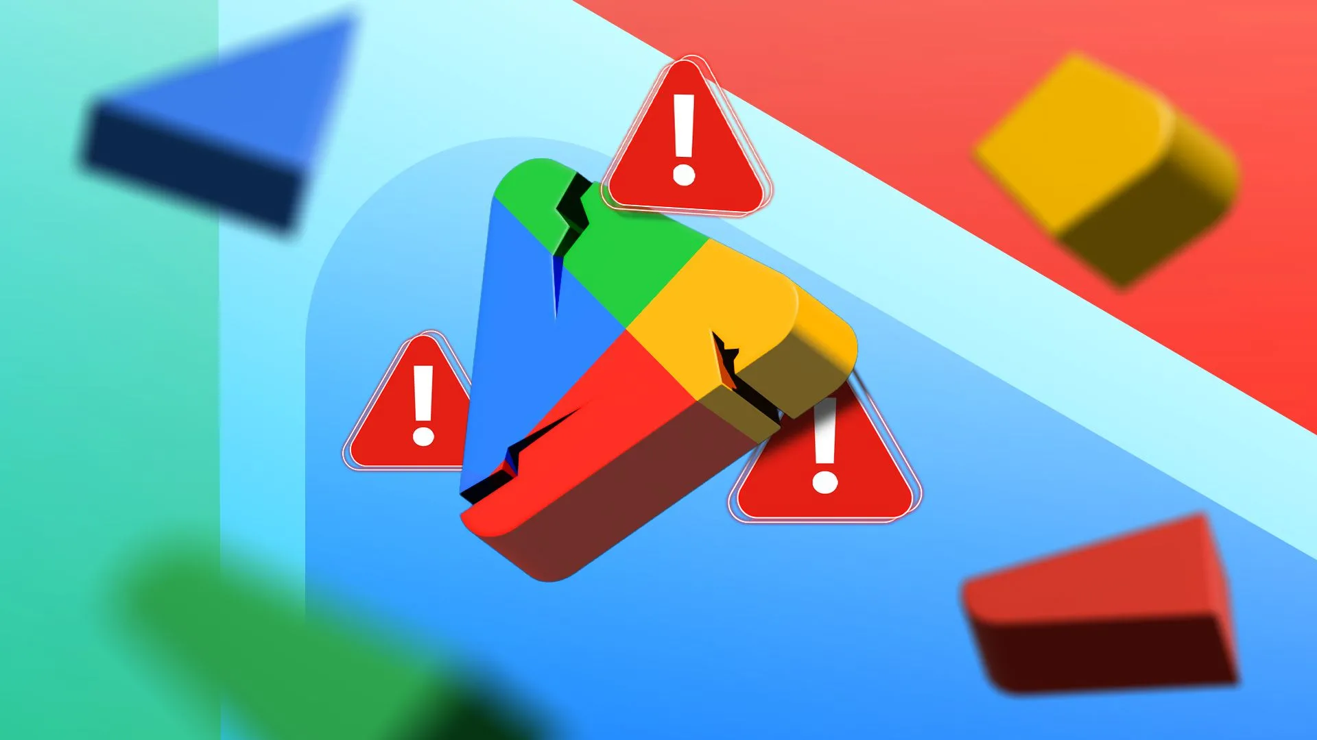 Logo Google Play Store với vết nứt và dấu hiệu cảnh báo, tượng trưng cho những vấn đề về khả năng hiển thị game.