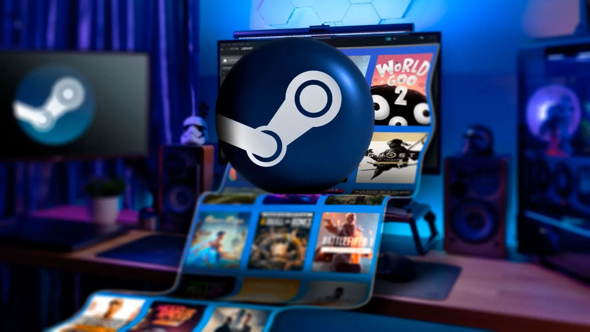 Logo Steam nổi bật trên màn hình máy tính chơi game
