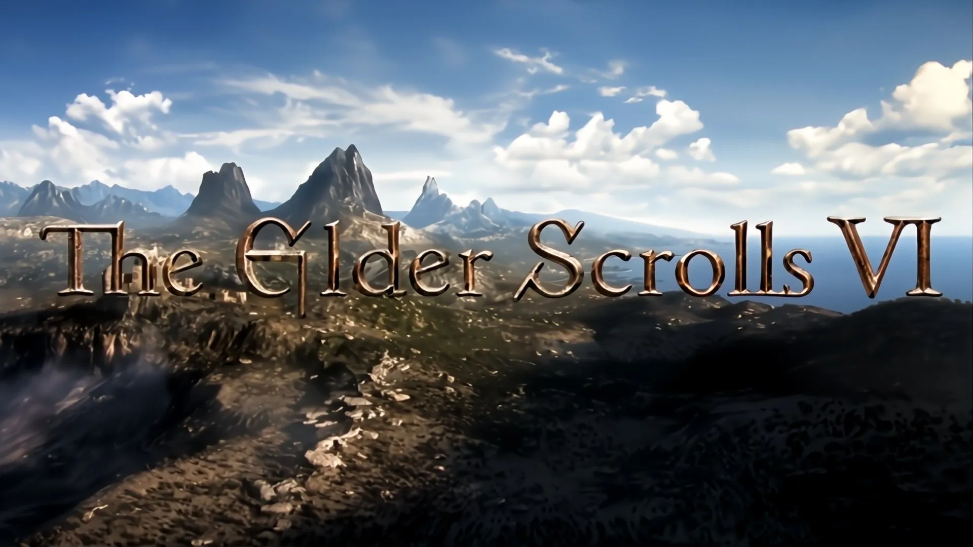 Logo The Elder Scrolls 6 đặt trên một cảnh quan hùng vĩ, mờ ảo.