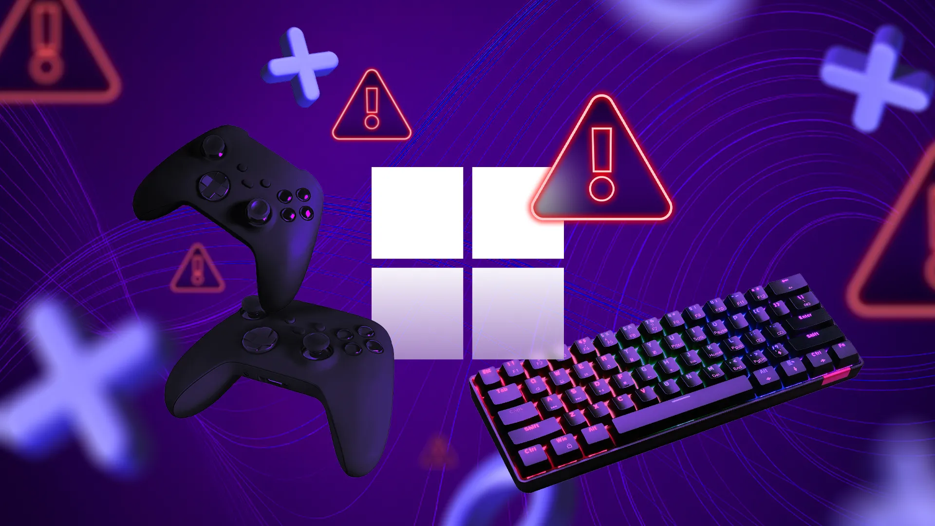 Logo Windows bao quanh bởi tay cầm chơi game và bàn phím, với nhiều biển cảnh báo