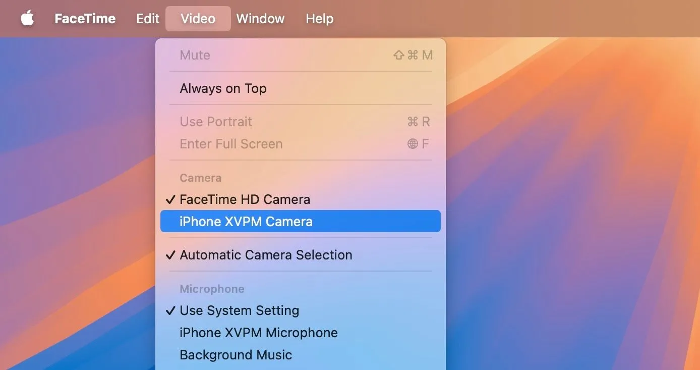 Lựa chọn iPhone làm nguồn camera cho ứng dụng FaceTime trên Mac, minh họa tính năng Continuity Camera giúp iPhone hoạt động như webcam.