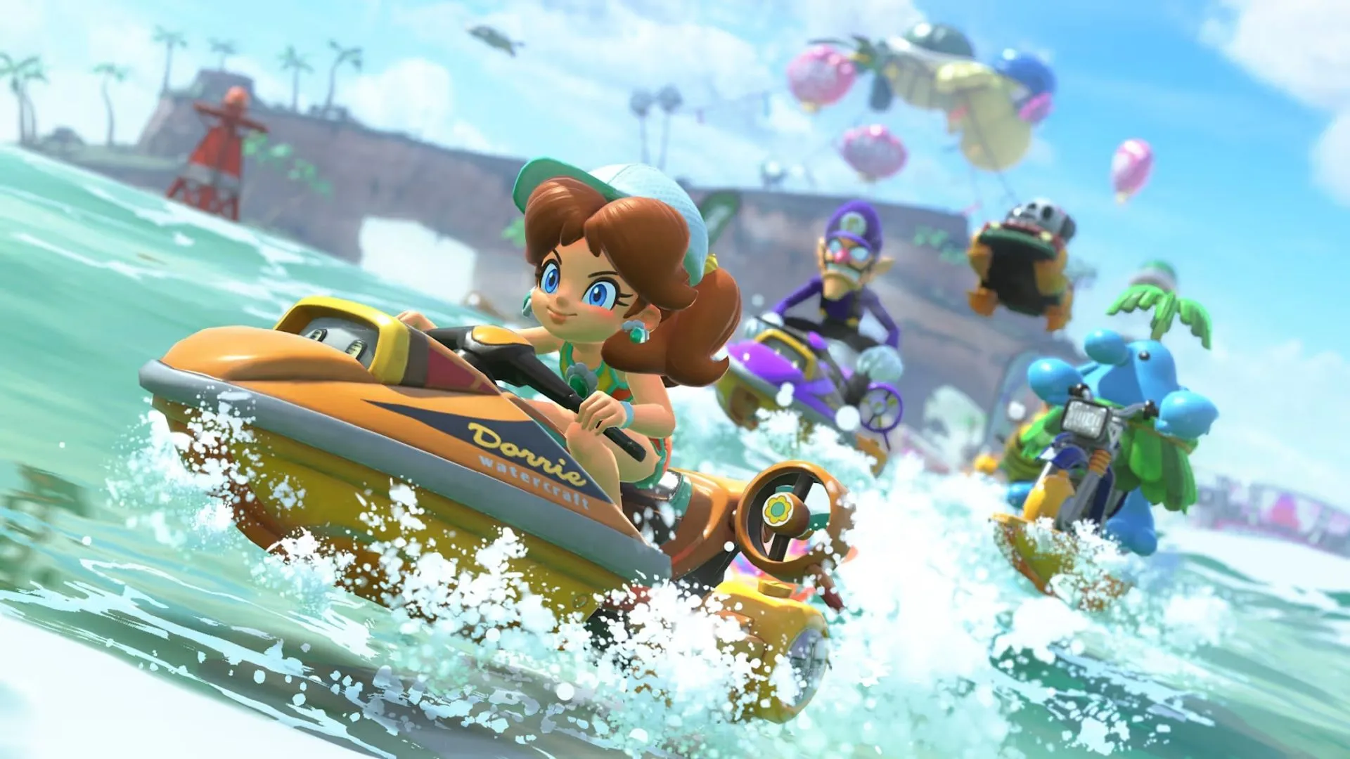 Luigi đua xe trên đường trượt băng với phong cảnh tuyết trắng của Mario Kart World
