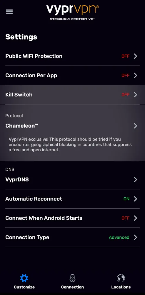 Màn hình cài đặt của VyprVPN với các tùy chọn cấu hình tính năng bảo mật và quyền riêng tư.