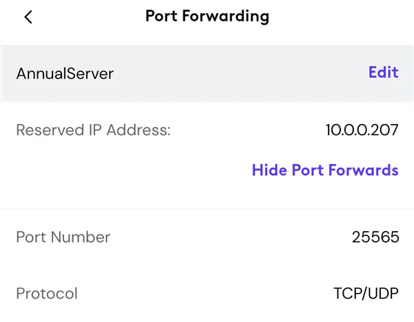 Màn hình cài đặt port forwarding trên giao diện quản lý router, hiển thị các quy tắc cấu hình cổng 25565 cho server Minecraft.
