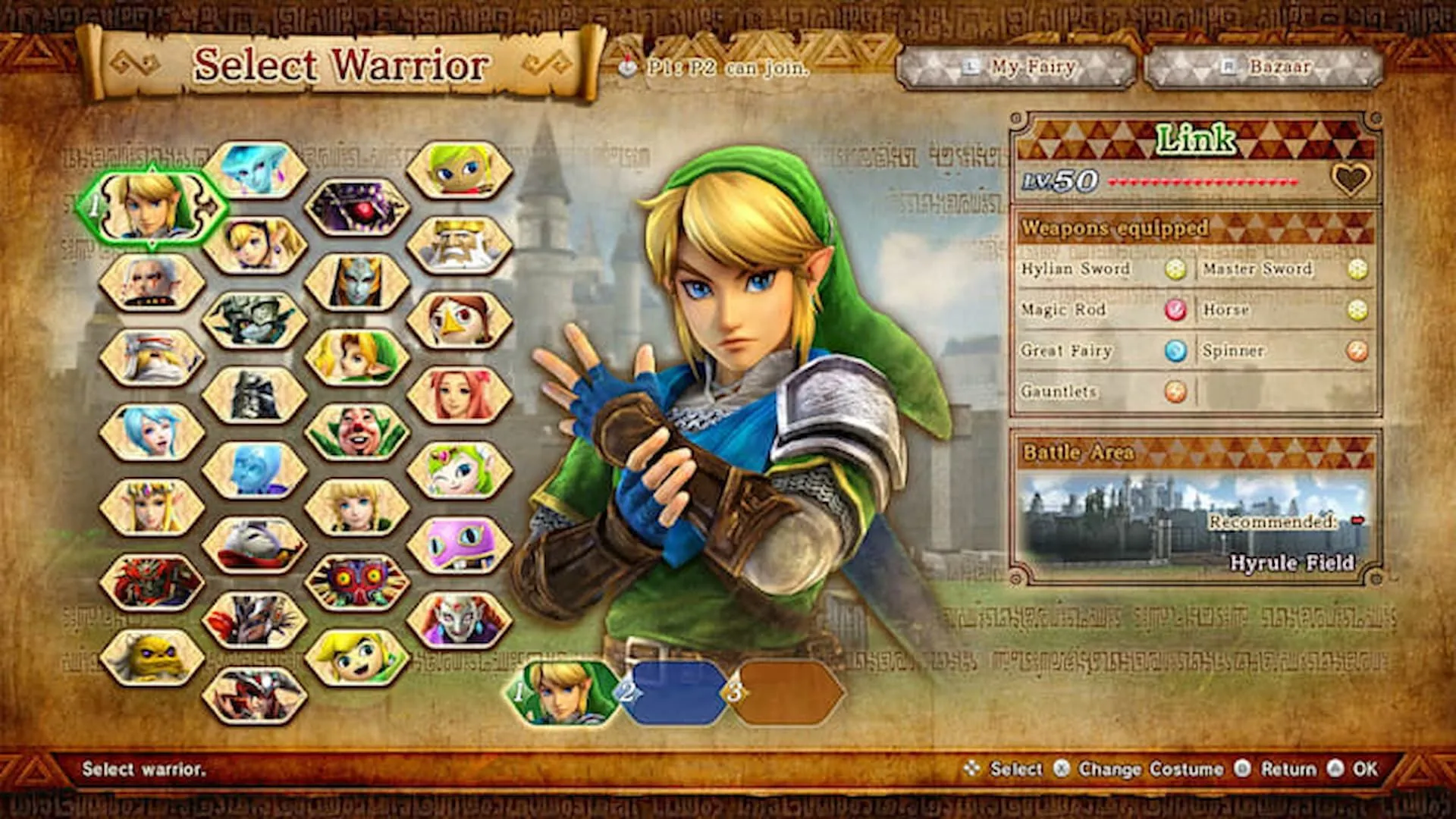 Màn hình chọn nhân vật đa dạng trong Hyrule Warriors: Definitive Edition, kết hợp các nhân vật Zelda