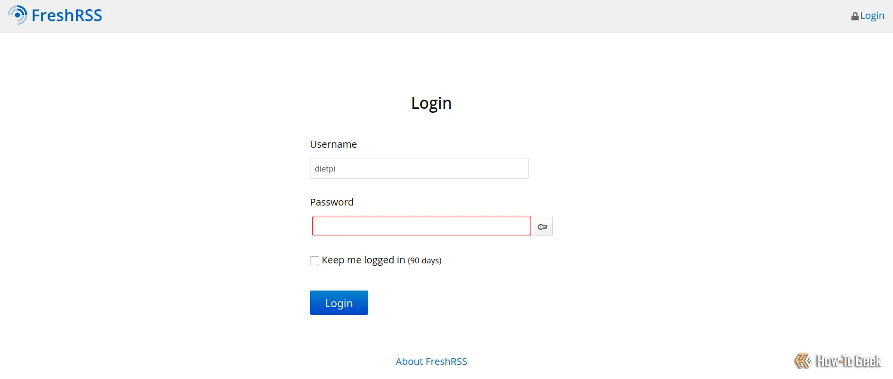 Màn hình đăng nhập FreshRSS trên trình duyệt web.