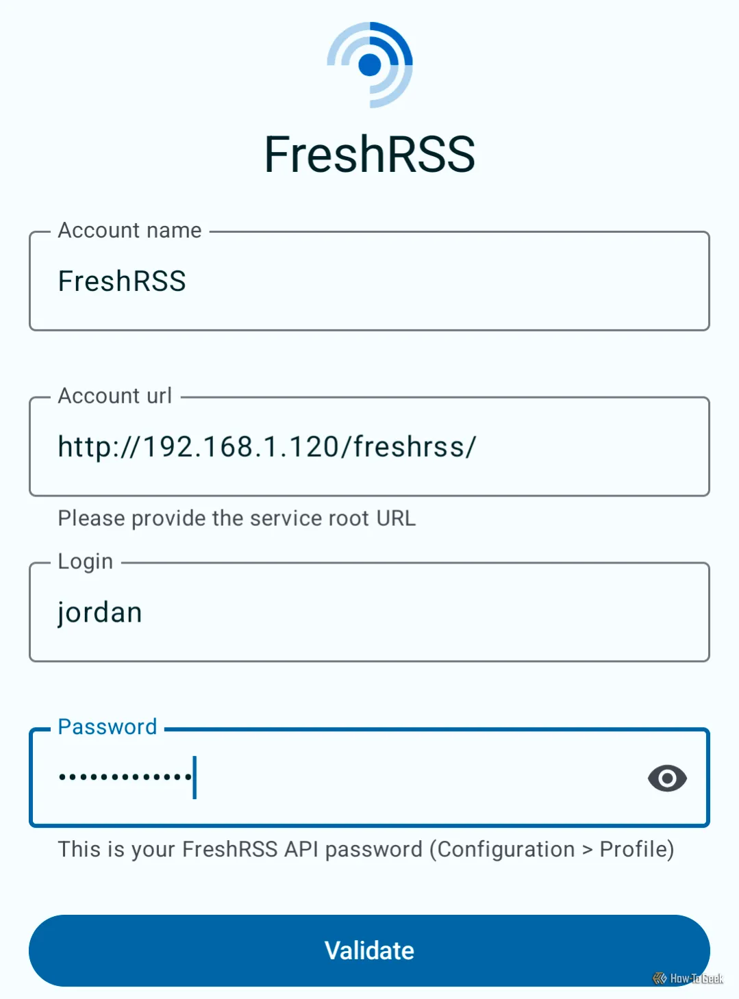 Màn hình đăng nhập Readrops cho tài khoản FreshRSS.